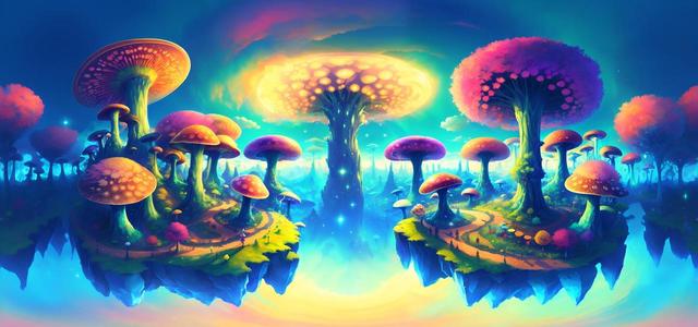 dreamlike nuclear mushrooms cyberpunk landscape cu89
