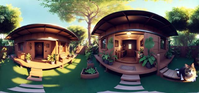 realistic a house in the jungle with many cats