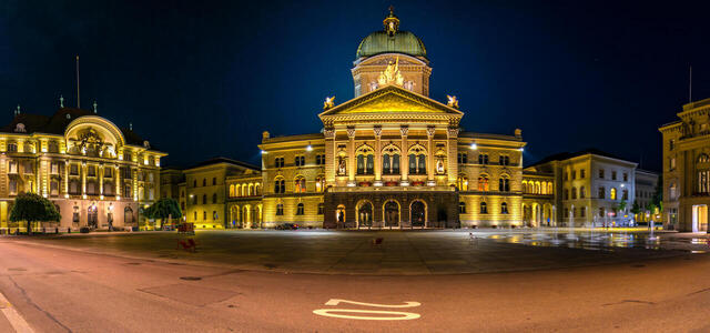 Switzerland Bern Houses Panorama Town square Night 622086 6144x2336