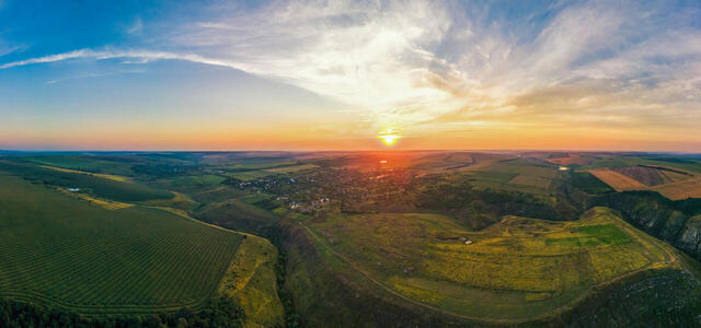 aerial-drone-panorama-view-nature-moldova-sunset-village-wide-fields-valleys